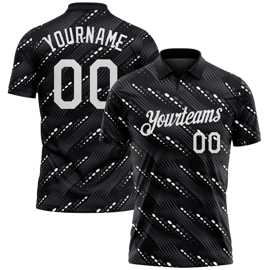 Custom Black-White 3D Pattern Slant Lines Cyber Mecha Tech Performance Polo Shirt