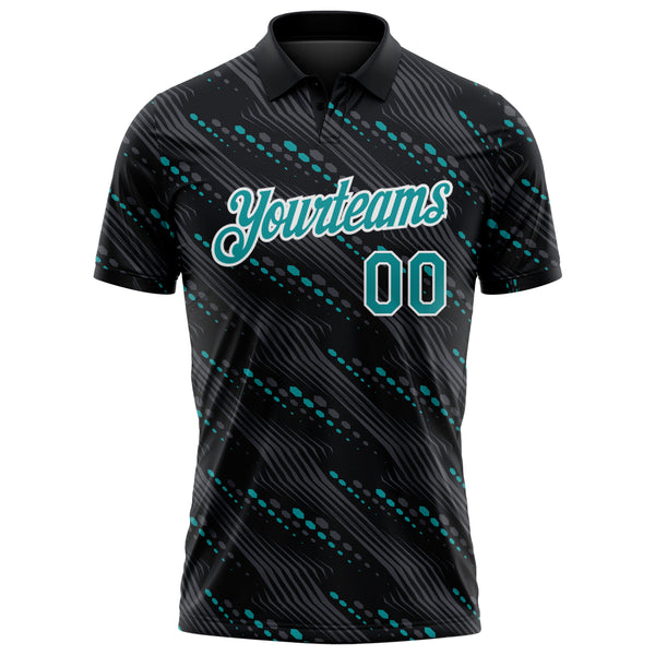 Custom Black Teal-White 3D Pattern Slant Lines Cyber Mecha Tech Performance Polo Shirt