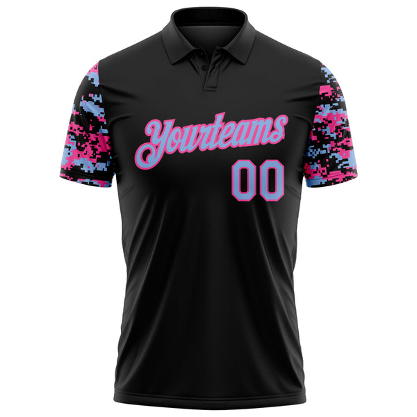 Custom Black Light Blue-Pink Digital Camo Two Tone Performance Polo Shirt