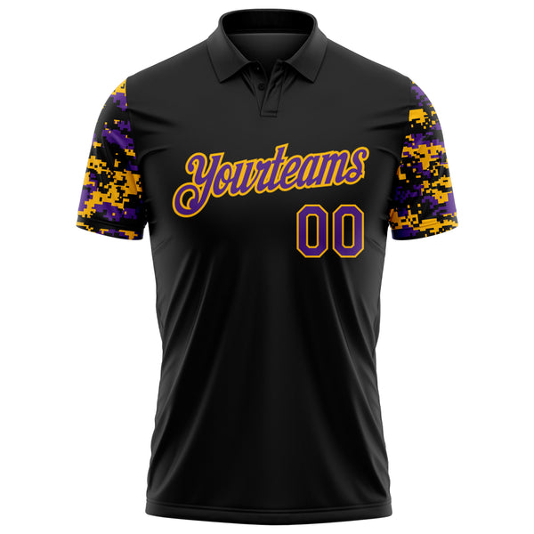 Custom Black Purple-Gold Digital Camo Two Tone Performance Polo Shirt