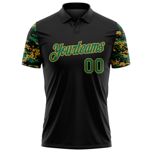 Custom Black Kelly Green-Old Gold Digital Camo Two Tone Performance Polo Shirt