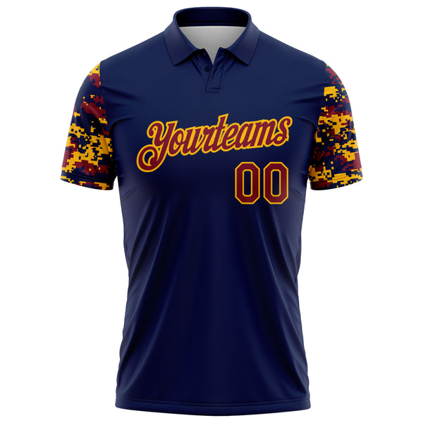 Custom Navy Crimson-Gold Digital Camo Two Tone Performance Polo Shirt