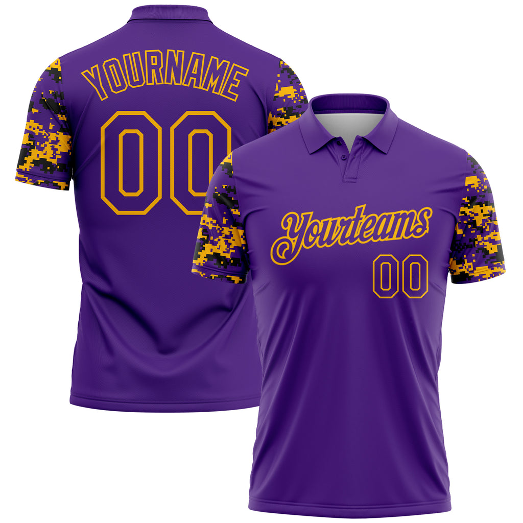 Custom Purple Black-Gold Digital Camo Two Tone Performance Polo Shirt
