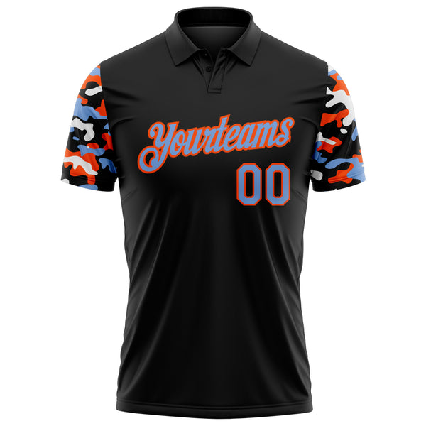 Custom Black Powder Blue Orange-White Digital Camo Two Tone Performance Polo Shirt
