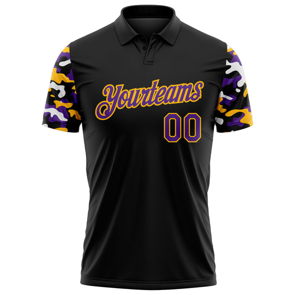 Custom Black Purple Gold-White Digital Camo Two Tone Performance Polo Shirt