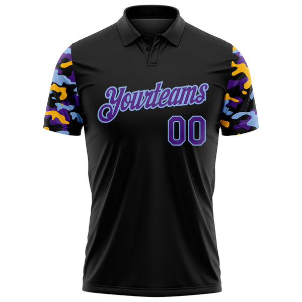 Custom Black Purple Light Blue-Gold Digital Camo Two Tone Performance Polo Shirt