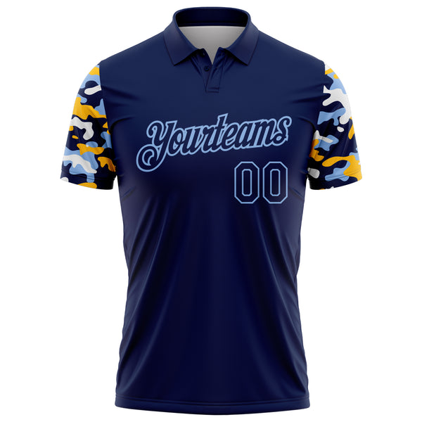Custom Navy Light Blue Gold-White Digital Camo Two Tone Performance Polo Shirt