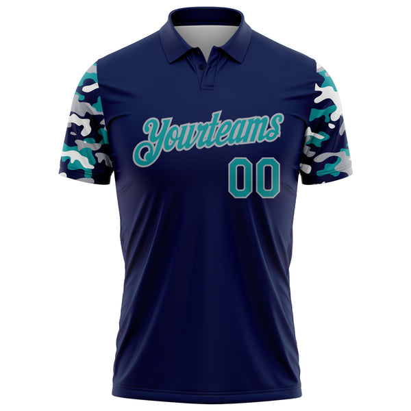Custom Navy Teal Gray-White Digital Camo Two Tone Performance Polo Shirt