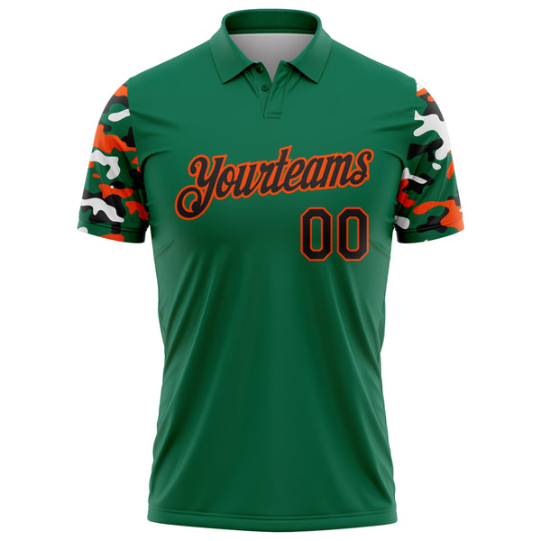 Custom Kelly Green Black Orange-White Digital Camo Two Tone Performance Polo Shirt