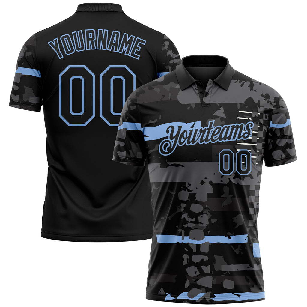 Custom Black-Light Blue Abstract Geometric Grunge Fragment Performance Polo Shirt