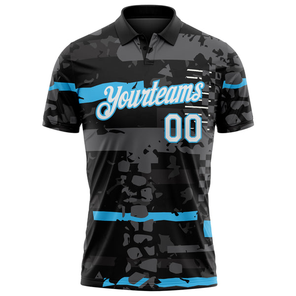Custom Black White-Sky Blue Abstract Geometric Grunge Fragment Performance Polo Shirt
