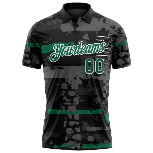 Custom Black Kelly Green-White Abstract Geometric Grunge Fragment Performance Polo Shirt