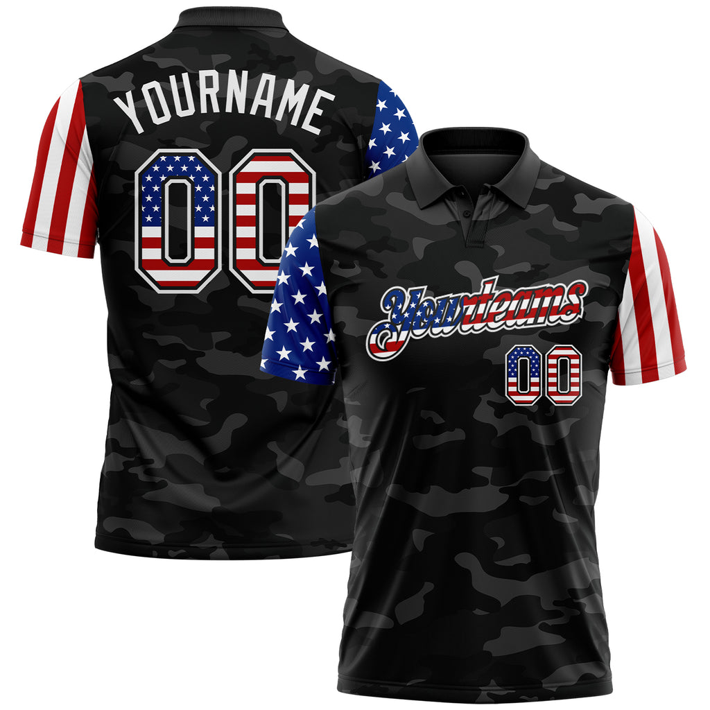 Custom Camo USA Flag Black-White Stars & Stripes Two Tone Salute To Service Patriotic Performance Polo Shirt