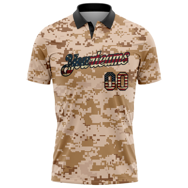 Custom Camo Vintage USA Flag-Black Patriotic Desert Camouflage Performance Polo Shirt