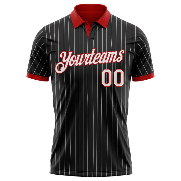 Custom Black White Pinstripe-Red Performance Polo Shirt