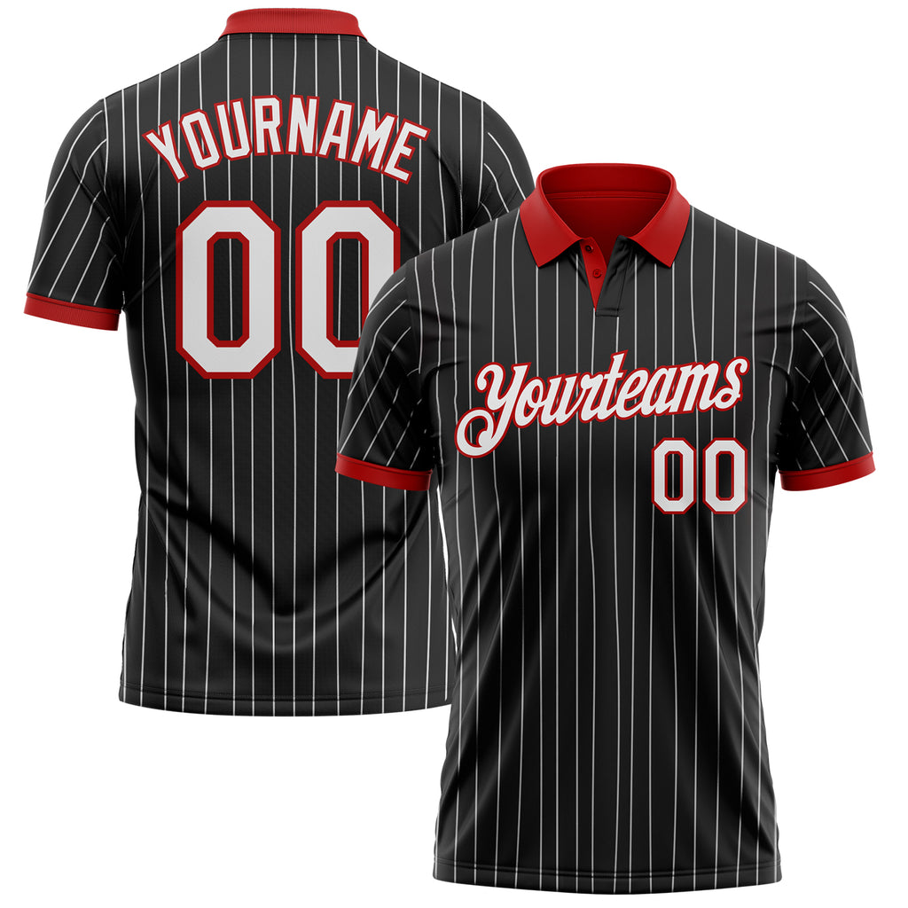 Custom Black White Pinstripe-Red Performance Polo Shirt