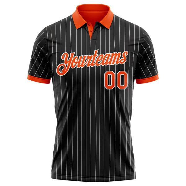 Custom Black White Pinstripe-Orange Performance Polo Shirt