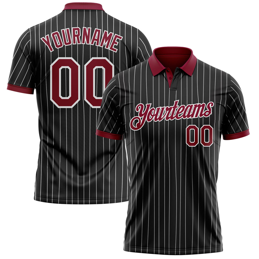 Custom Black White Pinstripe-Crimson Performance Polo Shirt