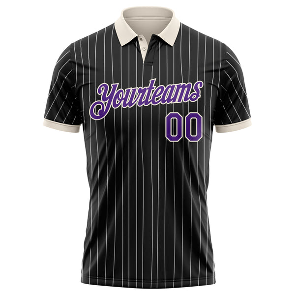 Custom Black White Pinstripe Purple-Cream Performance Polo Shirt