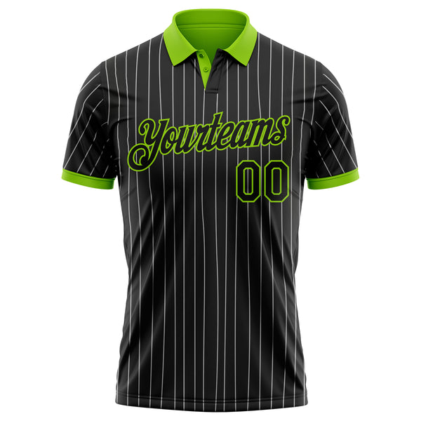 Custom Black White Pinstripe-Neon Green Performance Polo Shirt