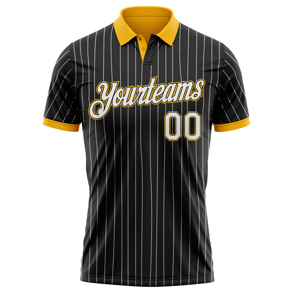 Custom Black White Pinstripe-Gold Performance Polo Shirt