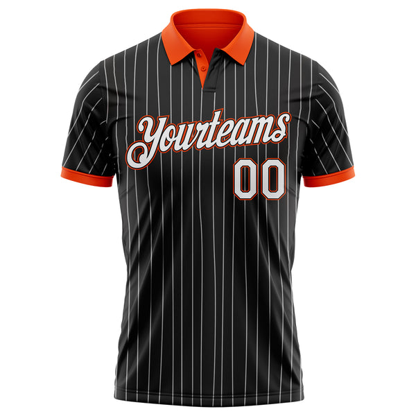 Custom Black White Pinstripe-Orange Performance Polo Shirt