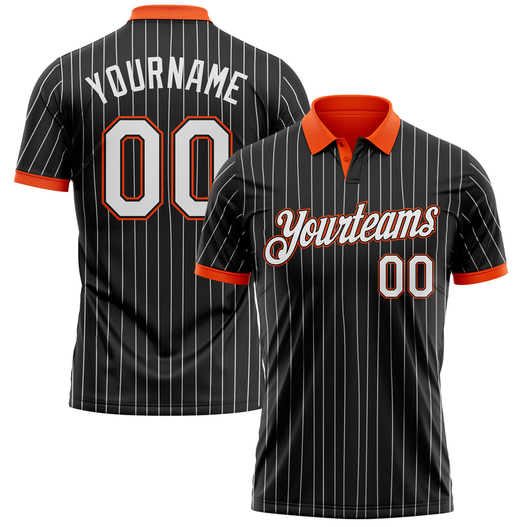 Custom Black White Pinstripe-Orange Performance Polo Shirt