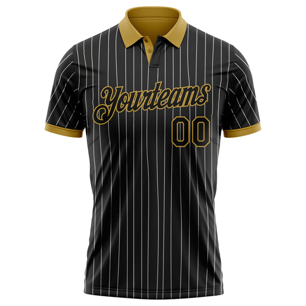Custom Black White Pinstripe-Old Gold Performance Polo Shirt