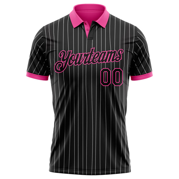 Custom Black White Pinstripe-Pink Performance Polo Shirt