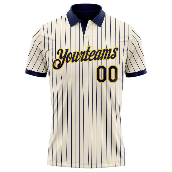 Custom Cream Navy Pinstripe-Yellow Performance Polo Shirt