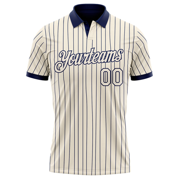 Custom Cream Navy Pinstripe-Navy Performance Polo Shirt