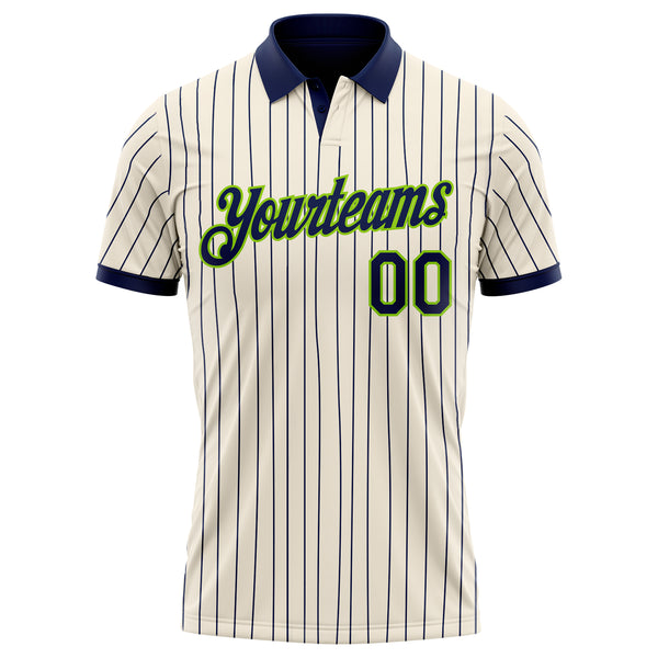 Custom Cream Navy Pinstripe-Neon Green Performance Polo Shirt