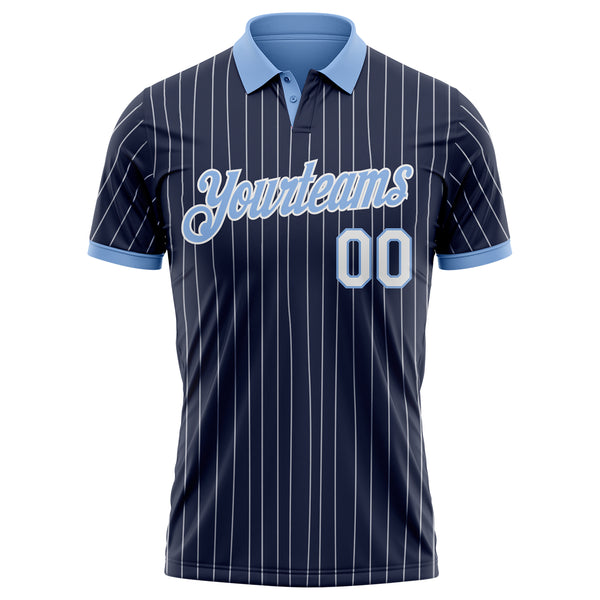 Custom Navy White Pinstripe-Light Blue Performance Polo Shirt