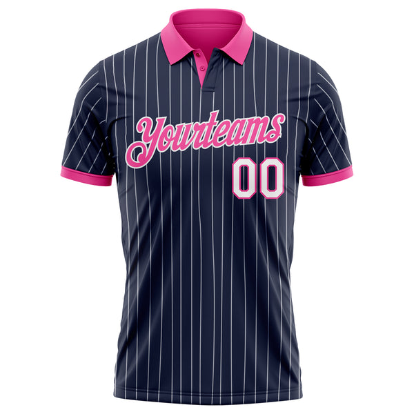 Custom Navy White Pinstripe-Pink Performance Polo Shirt