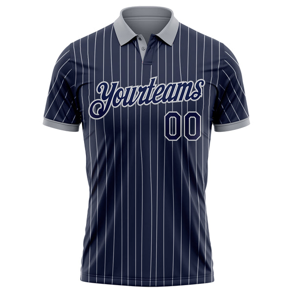 Custom Navy White Pinstripe-Gray Performance Polo Shirt