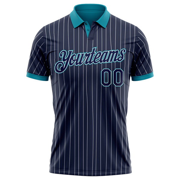 Custom Navy White Pinstripe-Teal Performance Polo Shirt