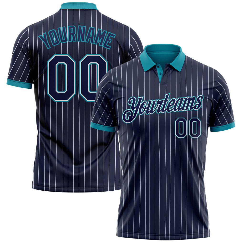 Custom Navy White Pinstripe-Teal Performance Polo Shirt