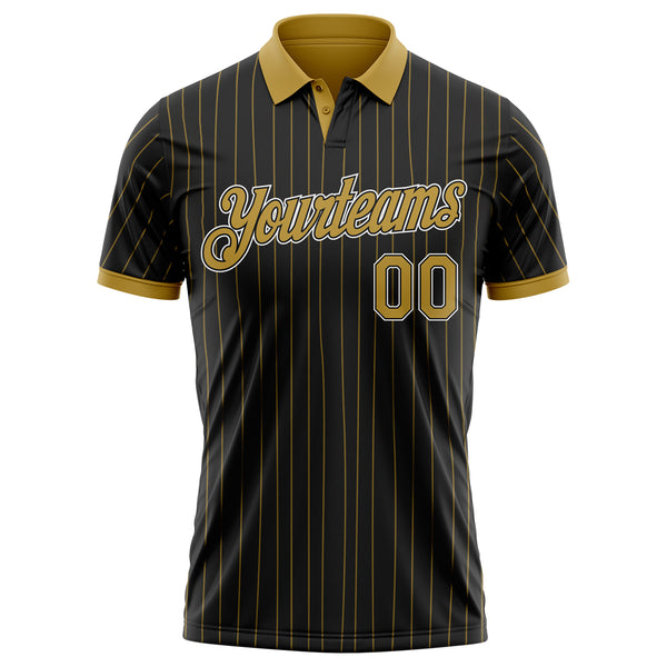 Custom Black Old Gold Pinstripe Old Gold-White Performance Polo Shirt