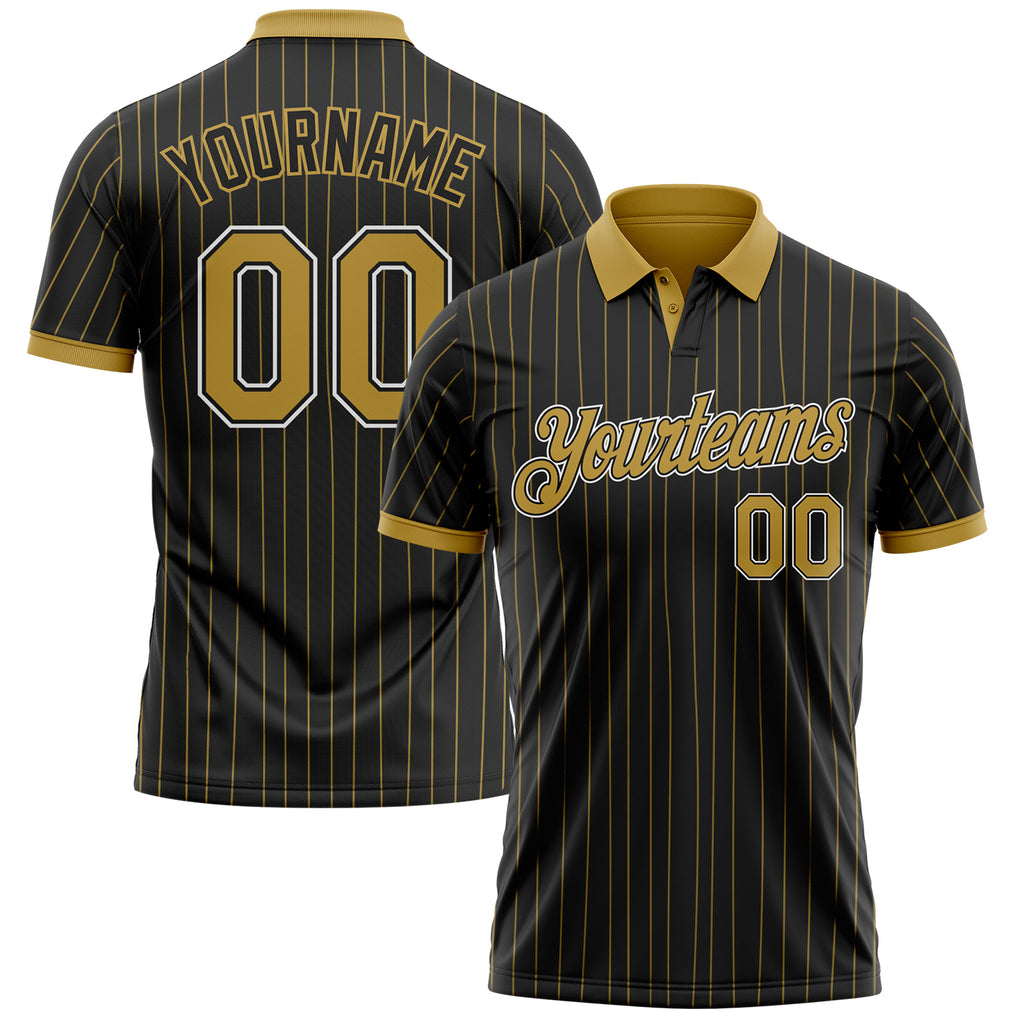 Custom Black Old Gold Pinstripe Old Gold-White Performance Polo Shirt