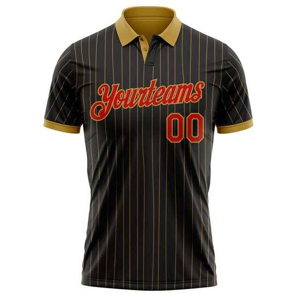 Custom Black Old Gold Pinstripe-Red Performance Polo Shirt