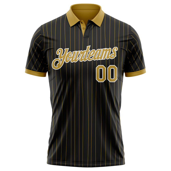 Custom Black Old Gold Pinstripe-White Performance Polo Shirt
