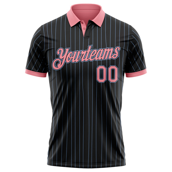 Custom Black Light Blue Pinstripe-Medium Pink Performance Polo Shirt