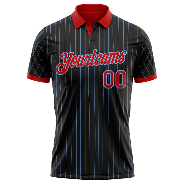 Custom Black Light Blue Pinstripe-Red Performance Polo Shirt