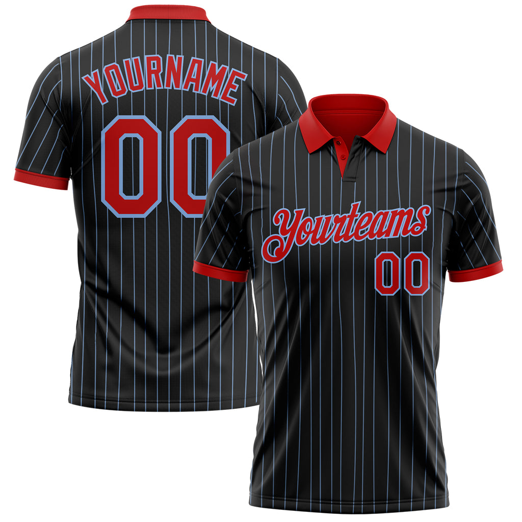 Custom Black Light Blue Pinstripe-Red Performance Polo Shirt