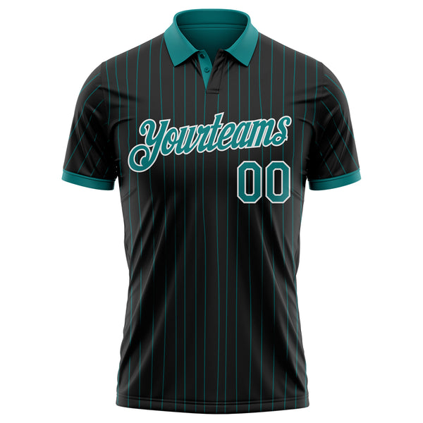 Custom Black Teal Pinstripe-White Performance Polo Shirt
