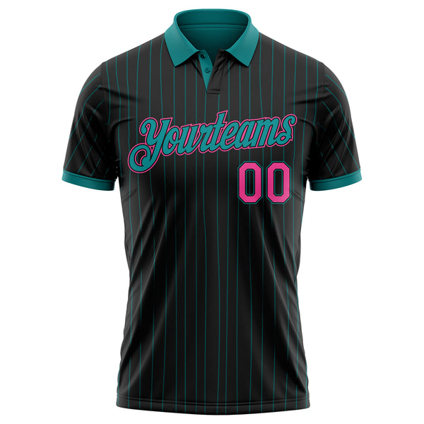 Custom Black Teal Pinstripe-Pink Performance Polo Shirt