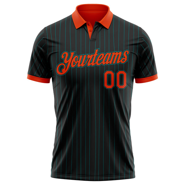 Custom Black Teal Pinstripe Orange-Teal Performance Polo Shirt