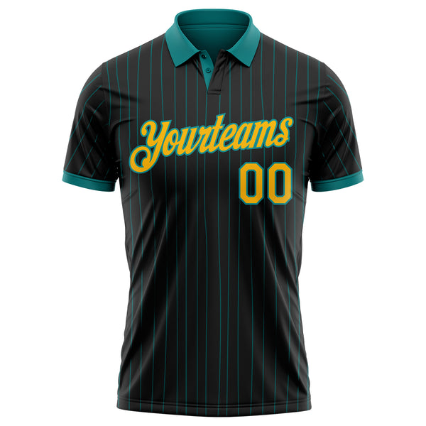 Custom Black Teal Pinstripe-Gold Performance Polo Shirt