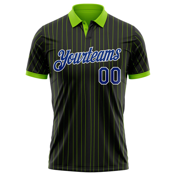 Custom Black Neon Green Pinstripe Royal-White Performance Polo Shirt