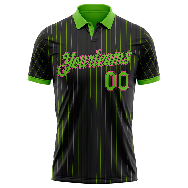 Custom Black Neon Green Pinstripe-Pink Performance Polo Shirt